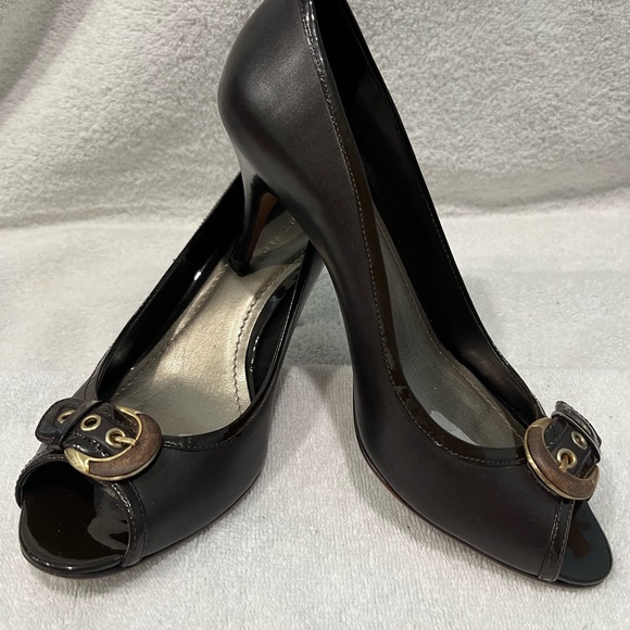 Ann Taylor Dark Brown Peep-Toe Heels with Gold Buckle - Picture 1 of 9